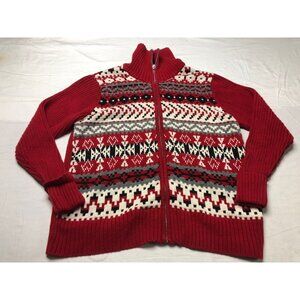 Covington Zip Front Cardigan Sweater Red Ribbed Nordic Aztec Knit Sz L 14-16